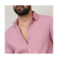 Men's Salmon Pink Self-Design Striped Shirt