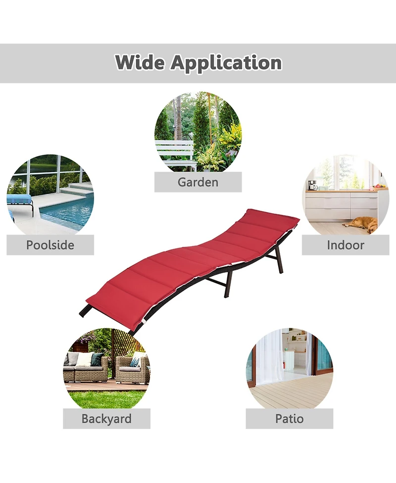 Gymax Set of 2 Folding Wicker Chaise Portable Lounge Chair w/ Double Sided Cushion