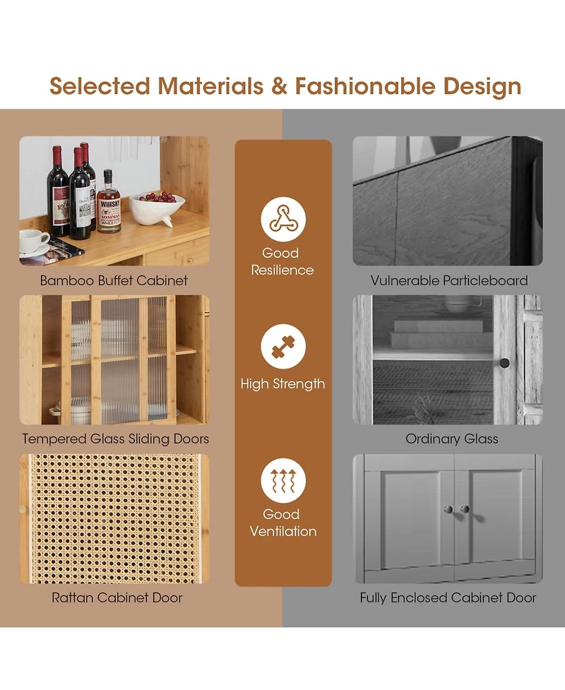 Givimo 69 Inch Wine Bar Kitchen Cabinet with Sliding Tempered Glass and Rattan Door