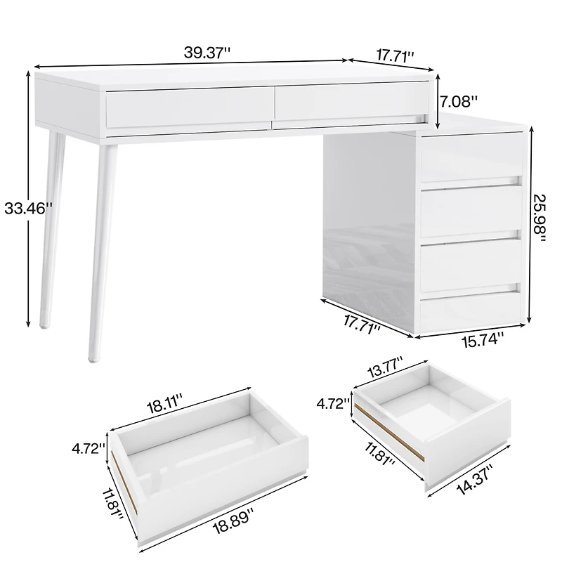 Tribesigns White Desk with 5 Drawers, Modern Home Office Desk with Storage Drawers and Printer Stand, Reversible Computer Desk Vanity Desk, White