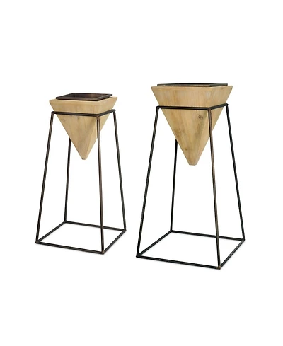 Modern Wood Planter In Metal Stand (Set of 2)