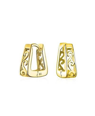 Bling Jewelry Square Pyramid Shaped Scroll Swirl Filigree Kpop Huggie Earrings Hoop Gold Plated Sterling Silver