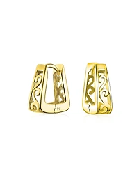 Bling Jewelry Square Pyramid Shaped Scroll Swirl Filigree Kpop Huggie Earrings Hoop Gold Plated Sterling Silver