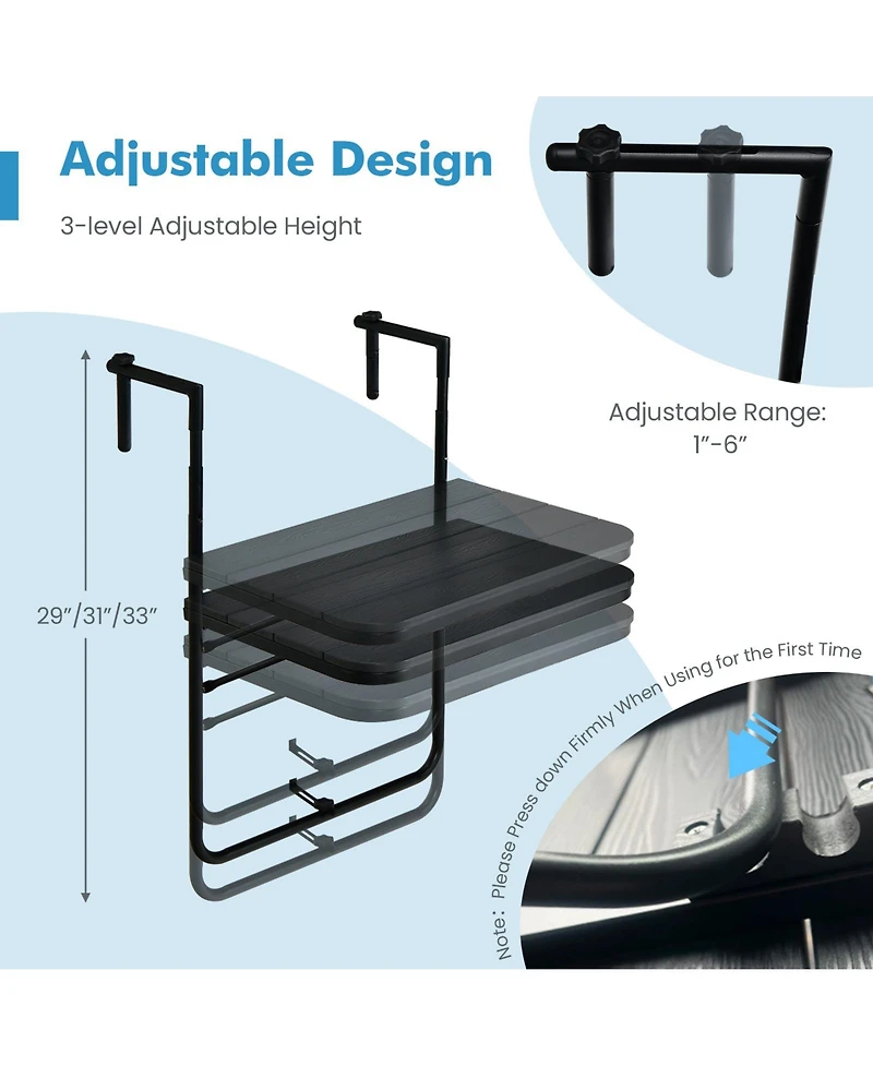 Sugift Folding Hanging Table with 3-Level Adjustable Height for Patio Balcony