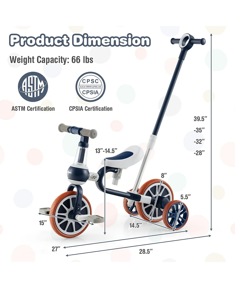 Skonyon 4-in-1 Kids Tricycle with Adjustable Parent Push Handle for 2-4 Years Old