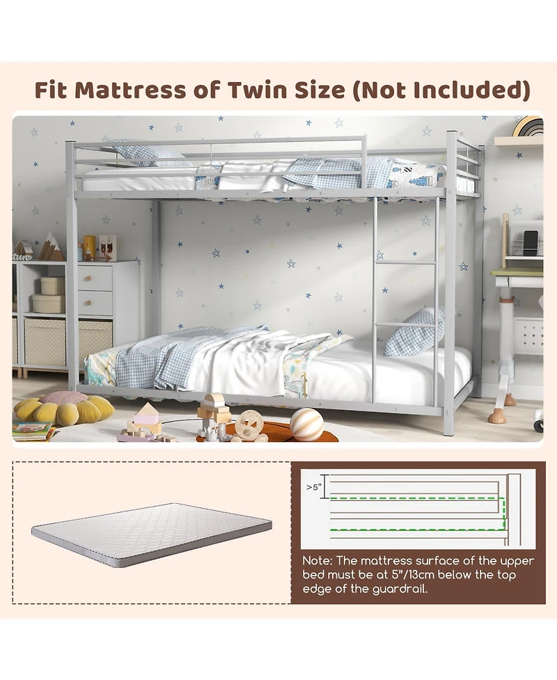 Sugift Low Profile Twin Over Metal Bunk Bed with Full-length Guardrails