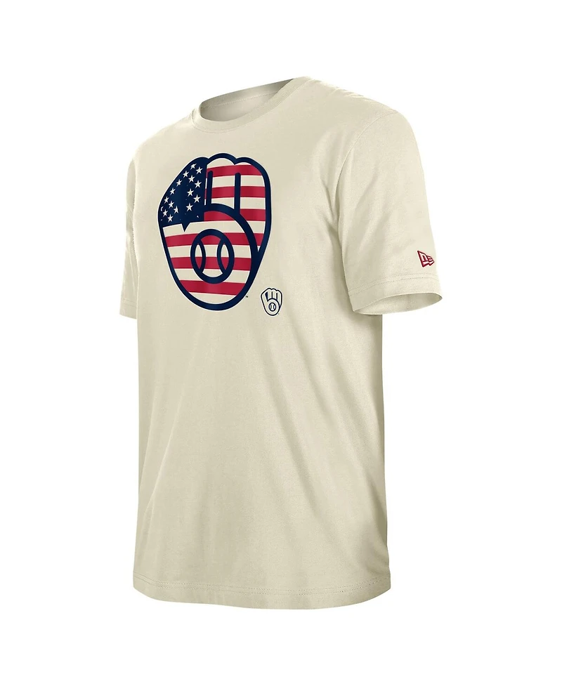 New Era Men's Cream Milwaukee Brewers 4th of July Flag Fill T-Shirt