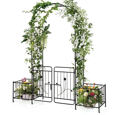 87" Garden Arbor Arched Lockable Gate Top Arbor Trellis with Side Planters