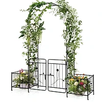 87" Garden Arbor Arched Lockable Gate Top Arbor Trellis with Side Planters