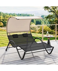 Outdoor Double Chaise Lounge Chair with Sunshade Canopy & Headrest Pillows
