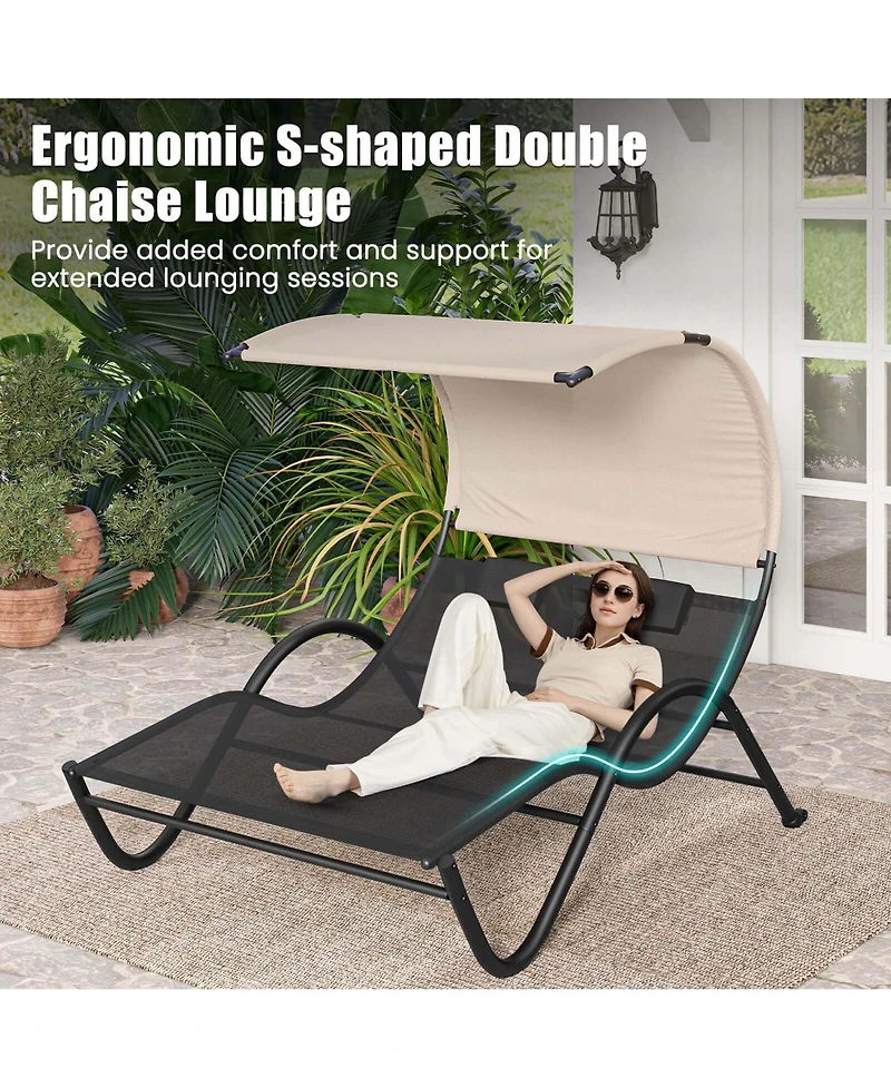 Outdoor Double Chaise Lounge Chair with Sunshade Canopy & Headrest Pillows