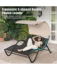 Outdoor Double Chaise Lounge Chair with Sunshade Canopy & Headrest Pillows