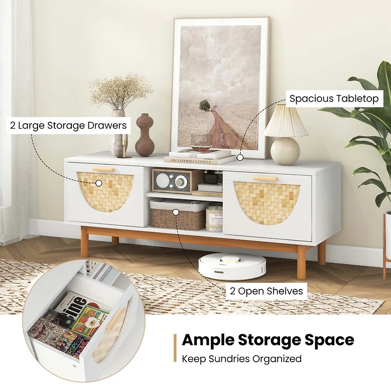 Tv Stand for 55-Inch TVs with 2 Drawers & Bamboo Woven Fronts Solid Wood Legs