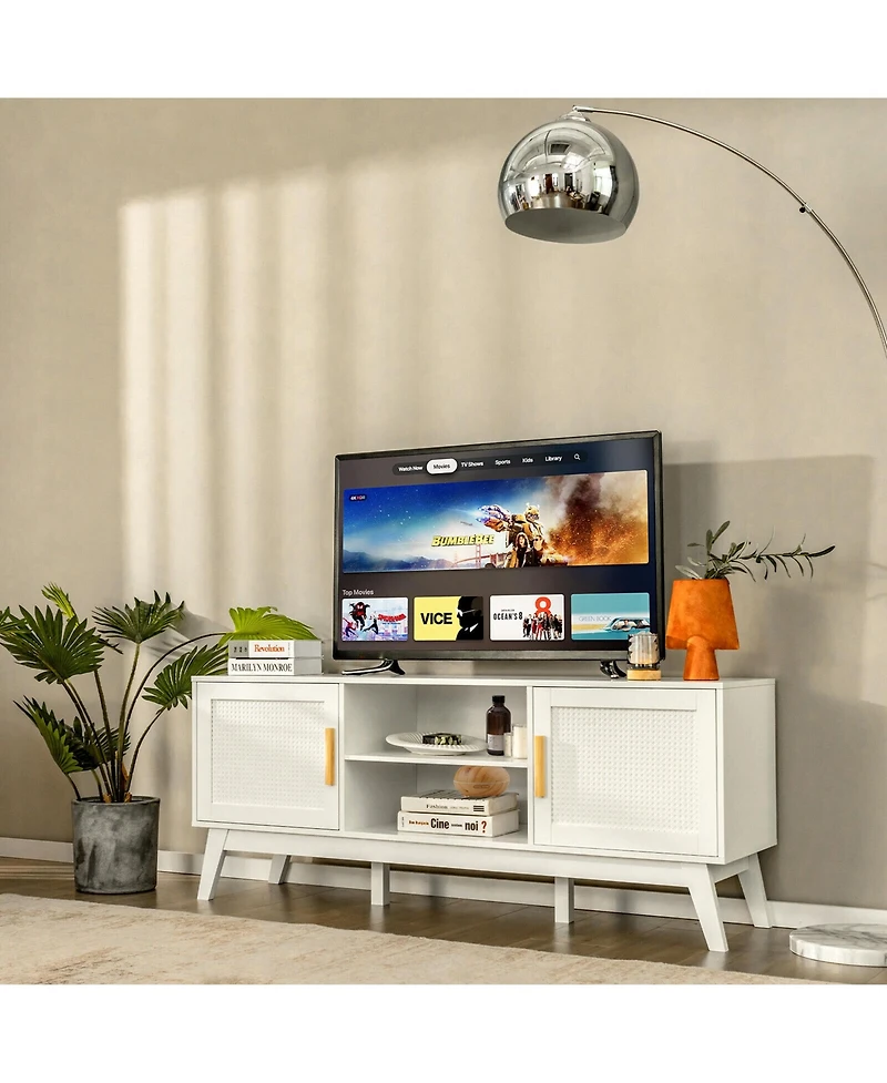 Gymax Tv Stand Entertainment Media Console w/ 2 Rattan Cabinets & Open Shelves