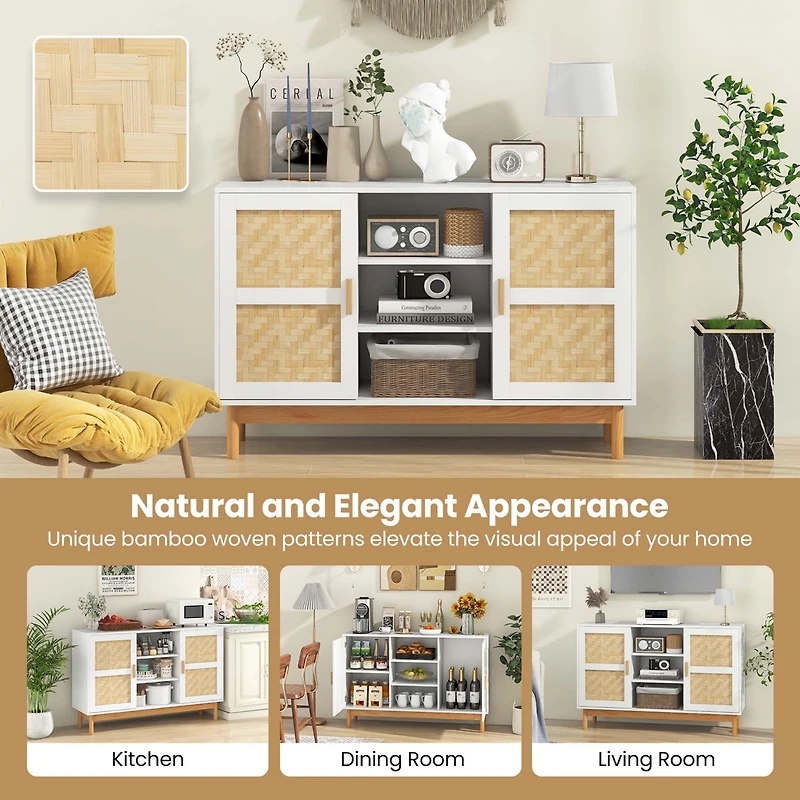 Costway 48" Sideboard Buffet Cabinet with 2 Bamboo Woven Doors 3 Open Shelves for Kitchen