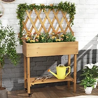Costway Wood Raised Garden Bed with Trellis Storage Shelf Wheels Liner Drainage Holes