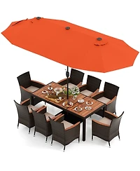 Costway 11 Pcs Patio Wicker Dining Set with Double-Sided Outdoor Umbrella 8 Stackable Chairs