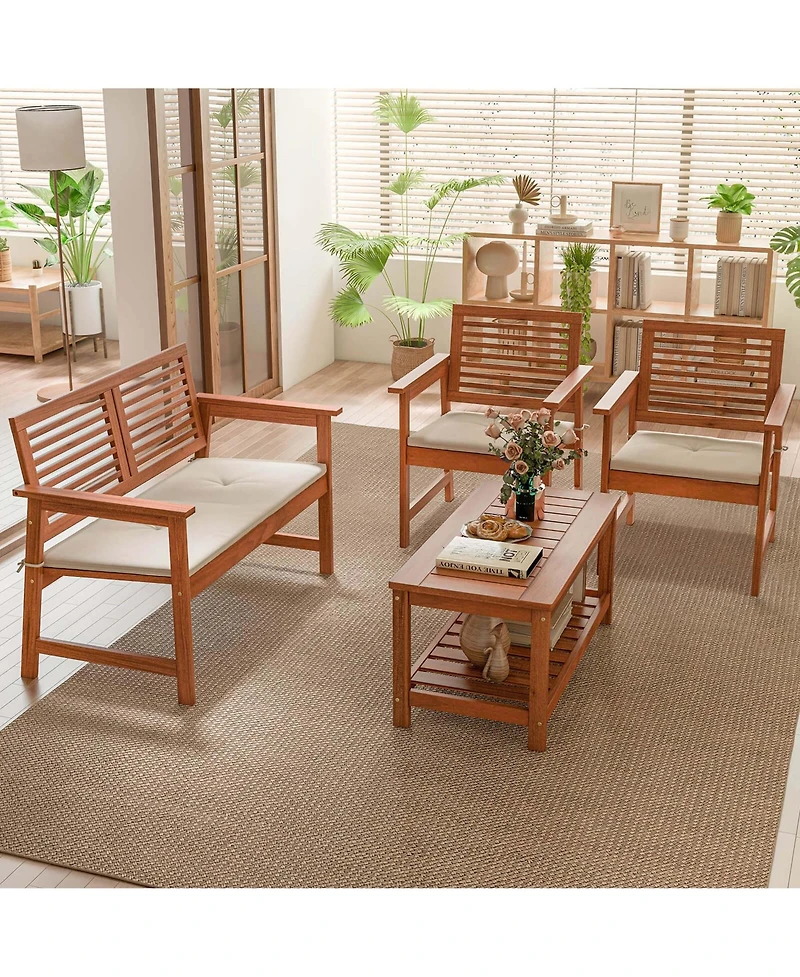 4 Pcs Patio Conversation Set with Soft Seat Cushions 2-Tier Rectangle Coffee Table