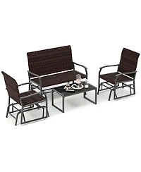 Costway 4 Piece Patio Gliding Set with Tempered Glass Coffee Table Quick Dry Foam Poolside