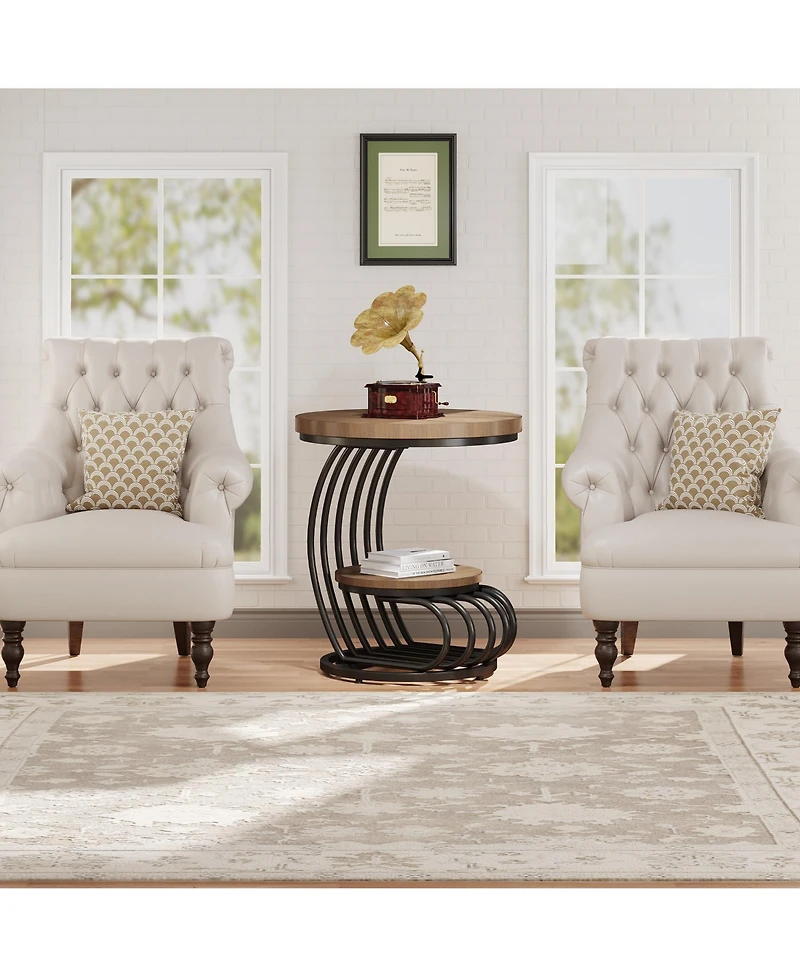 Tribesigns Round End Side Table Set of 2， 2 Tiers Table, Vintage for Living Room, Small Bedside Accent with Arc-Shap