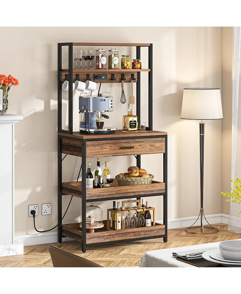 Tribesigns Bakers Rack with Power Outlets, 5-Tier Kitchen Storage Shelf, Microwave Oven Stand with Drawer, Kitchen Rack with 6 Hooks