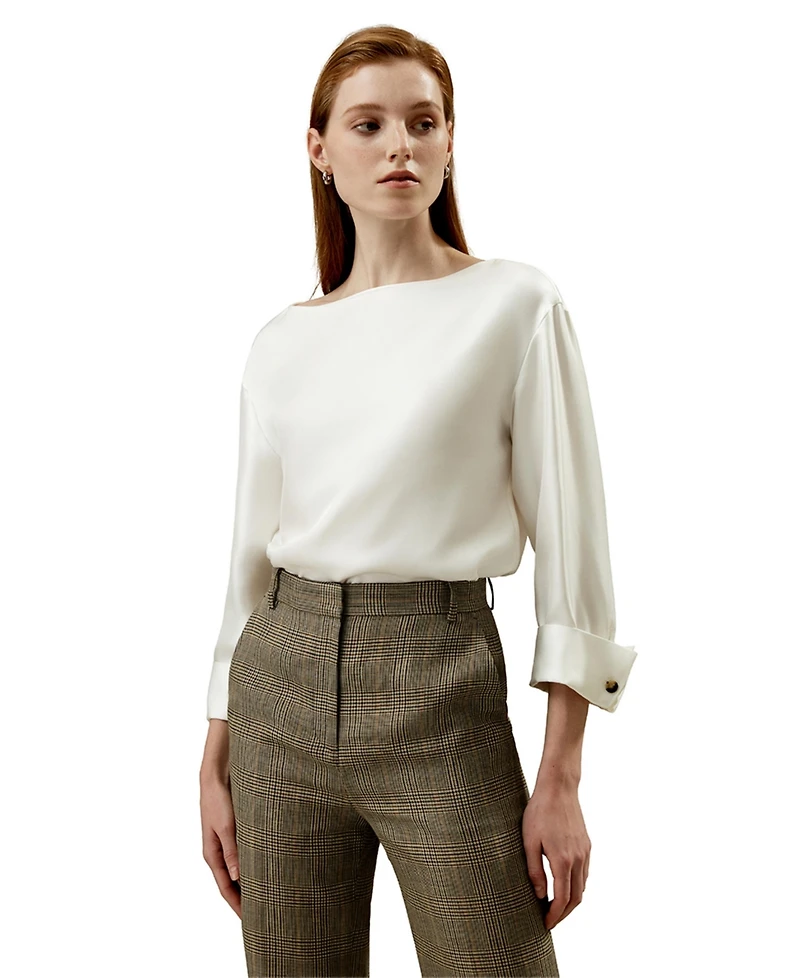Silk Twill Blouse with Boat Neckline for Women