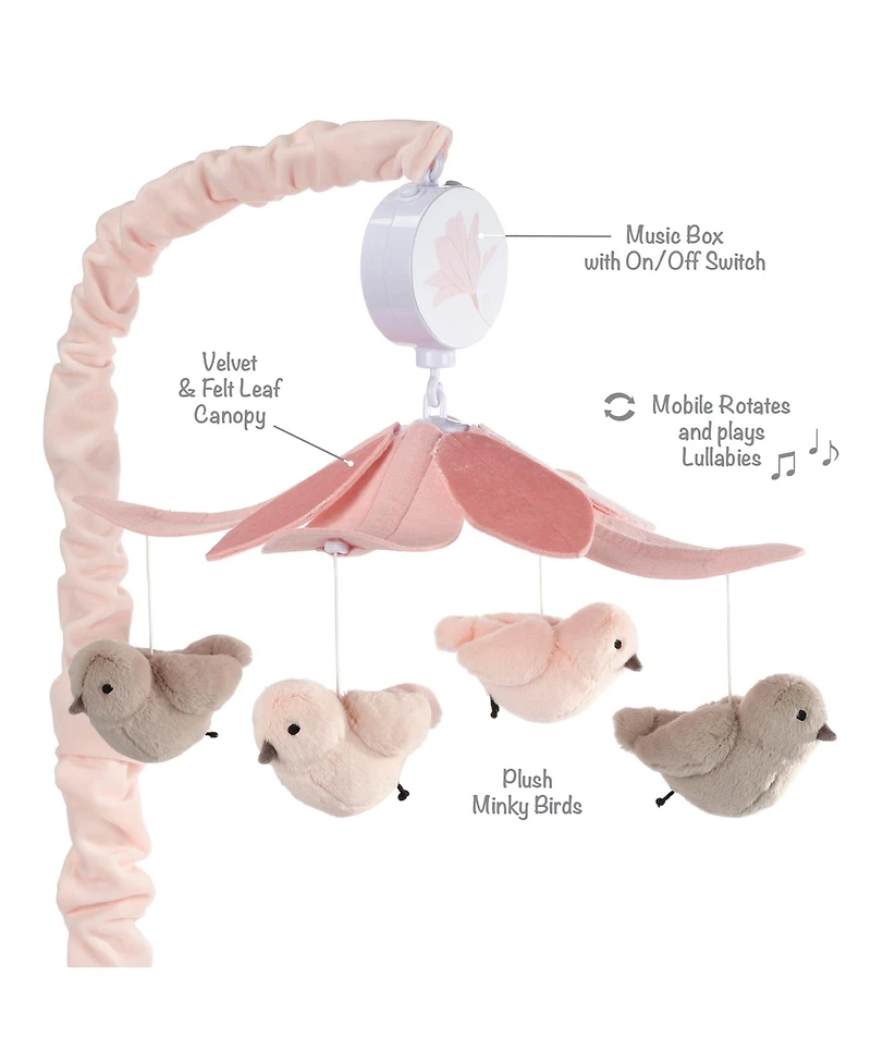 Lambs & Ivy Petals Pink/Gray Birds Musical Baby Crib Mobile Soother Toy