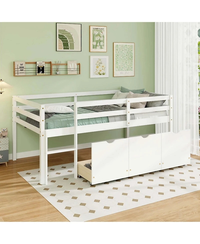 Twin Low Loft Bed with 3 Drawers Ladder & Full-length Guardrails Storage
