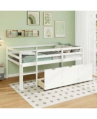 Twin Low Loft Bed with 3 Drawers Ladder & Full-length Guardrails Storage