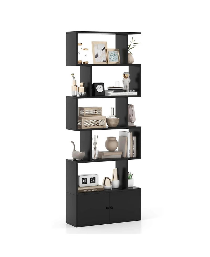 6-Tier S-Shaped Bookcase Storage Rack Bookshelf with Cabinet Anti-toppling Devices
