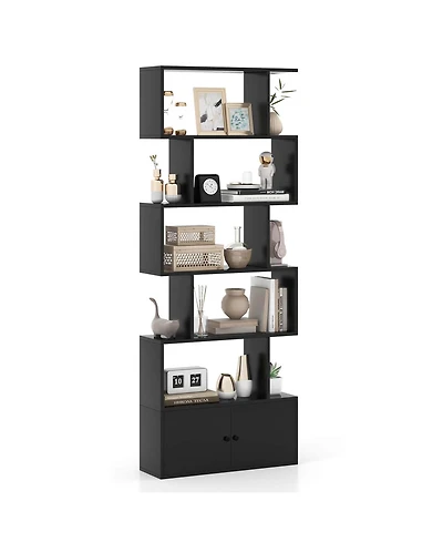 6-Tier S-Shaped Bookcase Storage Rack Bookshelf with Cabinet Anti-toppling Devices