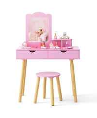 Costway Kid Vanity Table Chair Set with Mirror Large Storage Drawers Wooden Legs