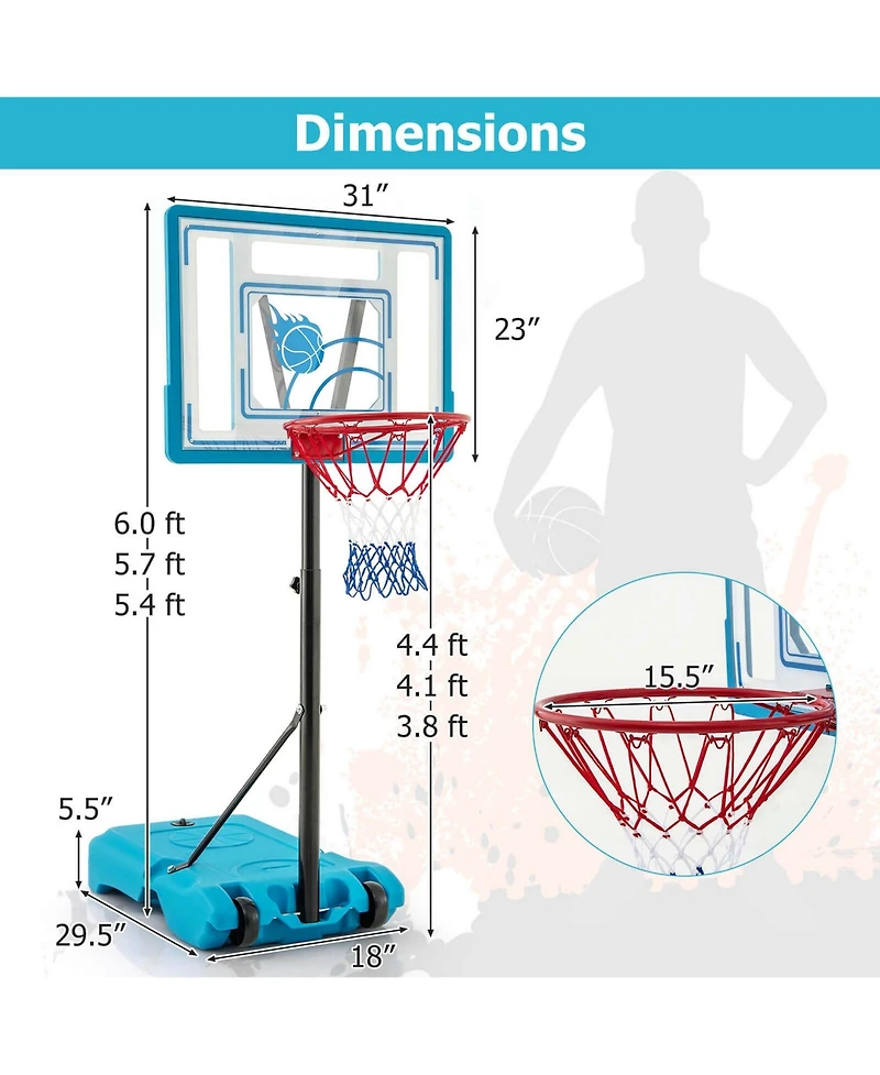 Costway Pool Basketball Hoop 3.8-4.4 Ft Adjustable Poolside BasketballGoal System