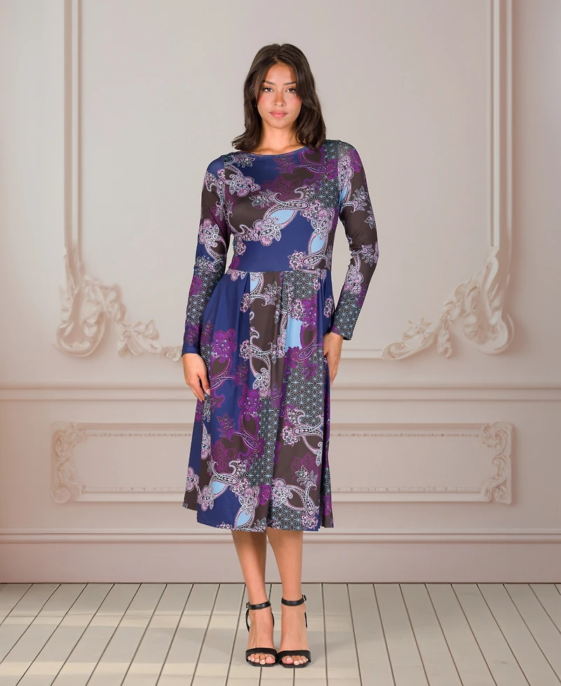 24seven Comfort Apparel Women's Purple Paisley Midi Length Long Sleeve Pocket Dress