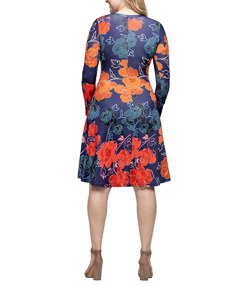 24seven Comfort Apparel Women's Navy Floral Print Long Sleeve Knee Length Dress