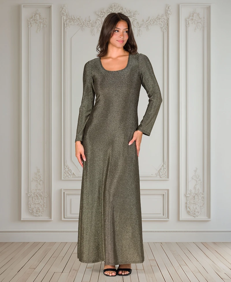 24seven Comfort Apparel Women's Long Sleeve Scoop Neck Shimmery Fabric Maxi Dress