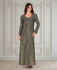24seven Comfort Apparel Women's Long Sleeve Scoop Neck Shimmery Fabric Maxi Dress