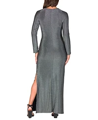 24seven Comfort Apparel Women's Fitted Long Sleeve Shimmery Side Slit Maxi Dress