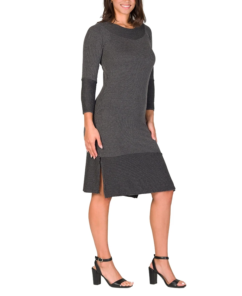 24seven Comfort Apparel Women's Ribbed Knit Long Sleeve Split Hem Sweater Dress