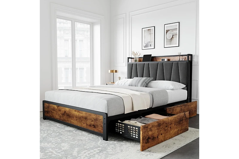 gaomon Bed Frame, Storage Headboard with Charging Station, Platform Metal Frame 4 Drawers, No Box Spring Needed, Noise Free, Easy Ass