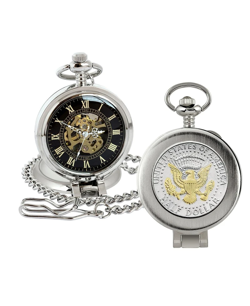 American Coin Treasures 16269 Selectively Gold-Layered Presidential Seal Jfk Half Dollar Coin Pocket Watch with Skeleton Movement, Black Dial with Gol