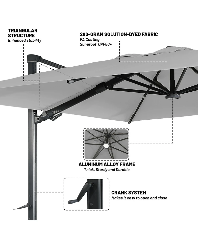 Boyel Living 10 ft. 360 B0; Rotation Square Cantilever Patio Umbrella with Base and Led Light
