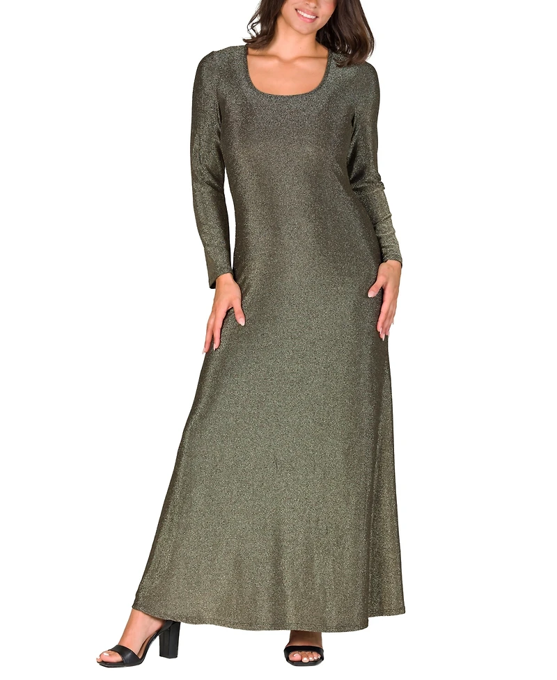 24seven Comfort Apparel Women's Long Sleeve Scoop Neck Shimmery Fabric Maxi Dress