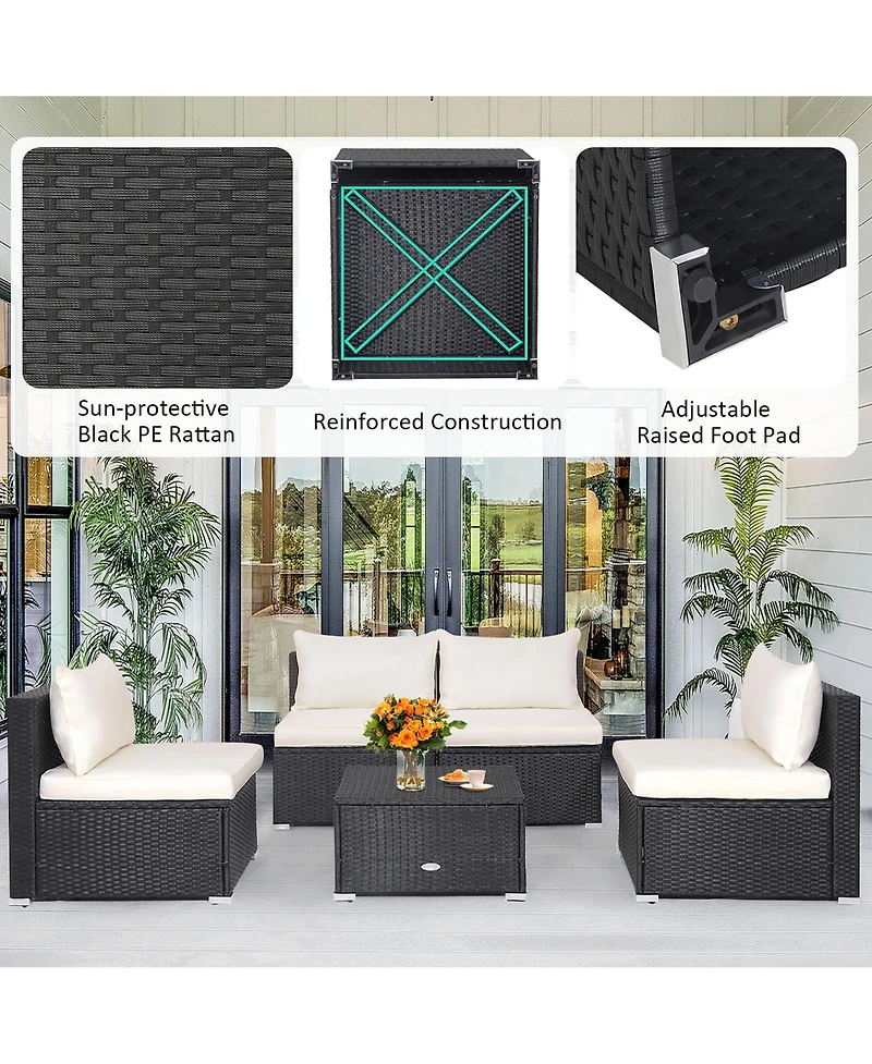 Gymax 5PCS Patio Outdoor Rattan Sofa Conversation Set w/ Seat & Back Cushions Off White