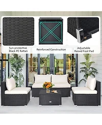 Gymax 5PCS Patio Outdoor Rattan Sofa Conversation Set w/ Seat & Back Cushions Off White