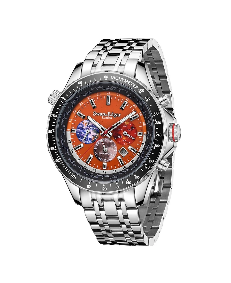 SE01000S Swan & Edgar Hand Assembled World Timer Mechanical Quartz Hybrid Orange