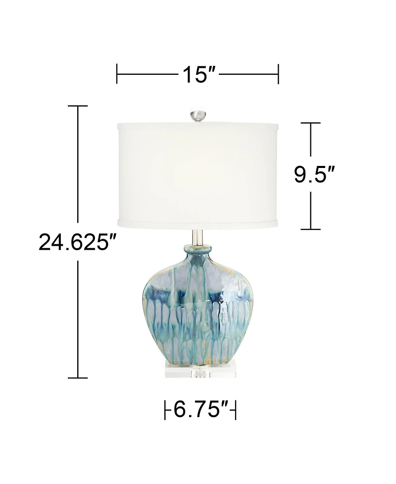 Mia 25" High Mid Century Modern Coastal Table Lamp Blue Drip Ceramic Single Off-White Shade Living Room Bedroom Bedside Nightstand House Office H