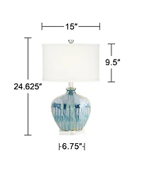 Mia 25" High Mid Century Modern Coastal Table Lamp Blue Drip Ceramic Single Off-White Shade Living Room Bedroom Bedside Nightstand House Office H