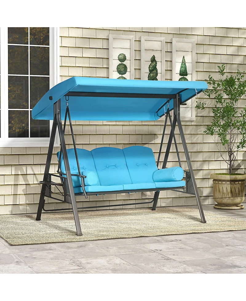Outsunny 3-Seat Patio Swing w/ Tilt Canopy, Cushions & Cup Tray, Dark Blue