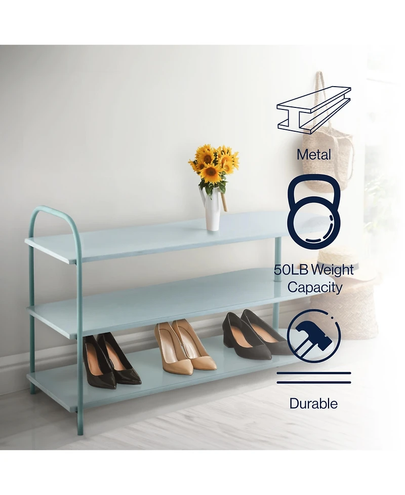 Jonathan Y Modern 24" 9-Pair 3-Tier Iron Curved Decker Shoe Rack, Two-Tone Mint